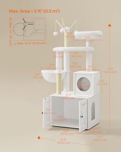 Feandrea Cat Tree with Litter Box Enclosure, 2-in-1 Modern Cat Tower, 55.1-Inch Cat Condo with Scratching Posts, Removable Pompom Sticks, Rustic Brown UPCT113X01