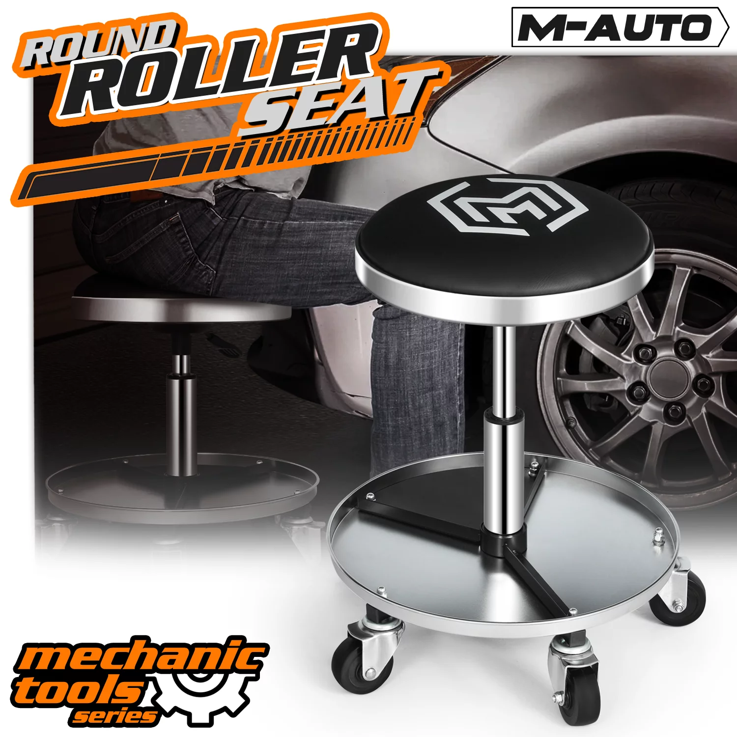 M-AUTO Heavy-Duty Adjustable Mechanic's Roller Seat Rolling Stool with Wheels & Tool Tray, 300 lbs Capacity - Black