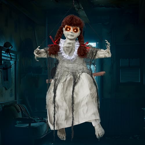 JOYIN Scary Halloween Decorations Outdoor, Halloween Hanging Scary Swing Girl Decorations Winging White Doll with Creepy Sound and Light Up Eyes Sound, Animatronics Hanging Decors Activated