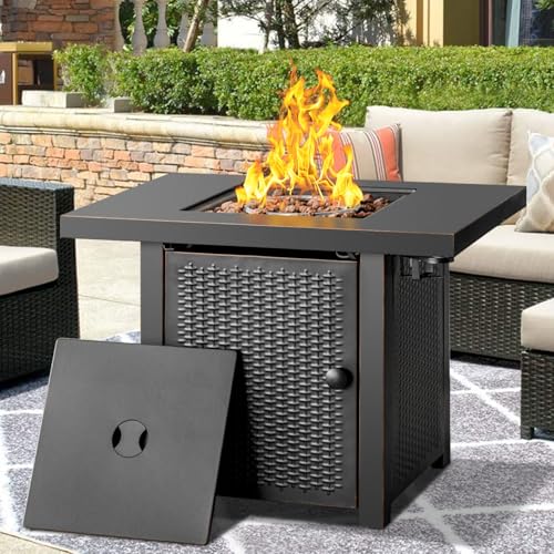 32 Inch Propane Fire Pit Table, Outdoor Gas Fire Pits with 2 Drink Holders, Lid & Lava Rock, 50000 BTU Firepit for Dinning, Party in Outside, Patio, Garden or Yard