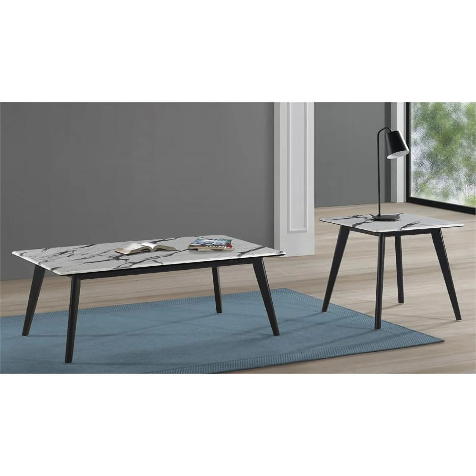 Pemberly Row Wood Square Faux Marble Top End Table Black and White