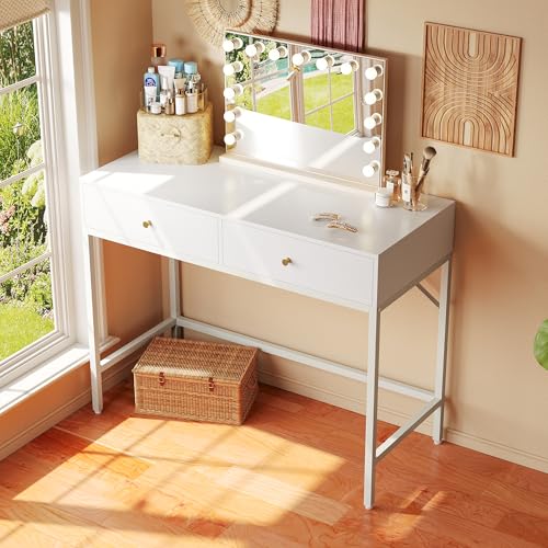 SUPERJARE Vanity Desk with Drawers, 47 inch Computer Desk, Modern Simple Home Office Desks, Makeup Dressing Table for Bedroom - White and Gold