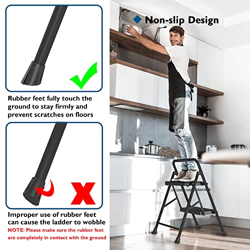 BONTEC 3-Step Ladder, Folding Step Stool, 600lbs Max Load Capacity, Sturdy Steel, Non-Slip Pedals, Lightweight, Portable Steel Ladder with Convenient Handrail, Safety Design for Home & Work, Black