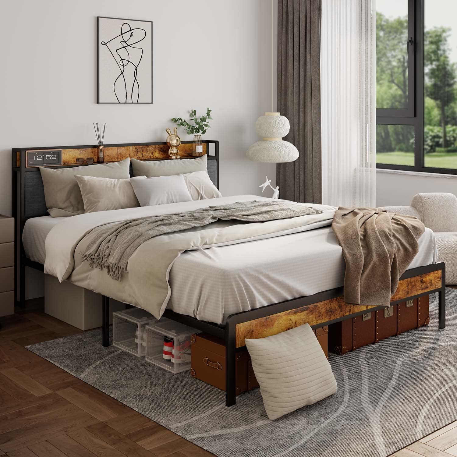 Aiho Bed Frame Queen Size with Storage Headboard, Dark Grey