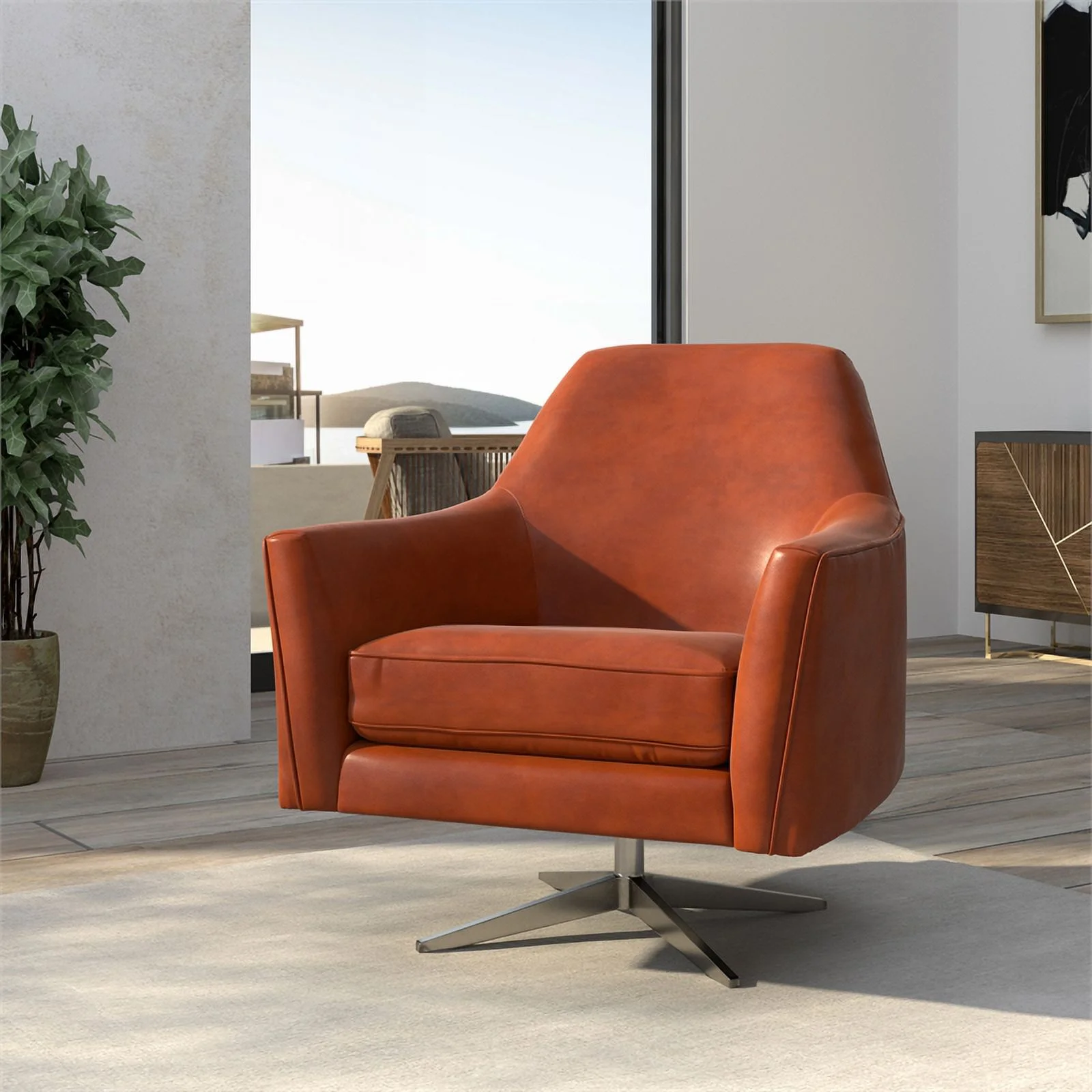 Bowery Hill Mid-Century Faux Leather Swivel Armchair in Caramel Brown