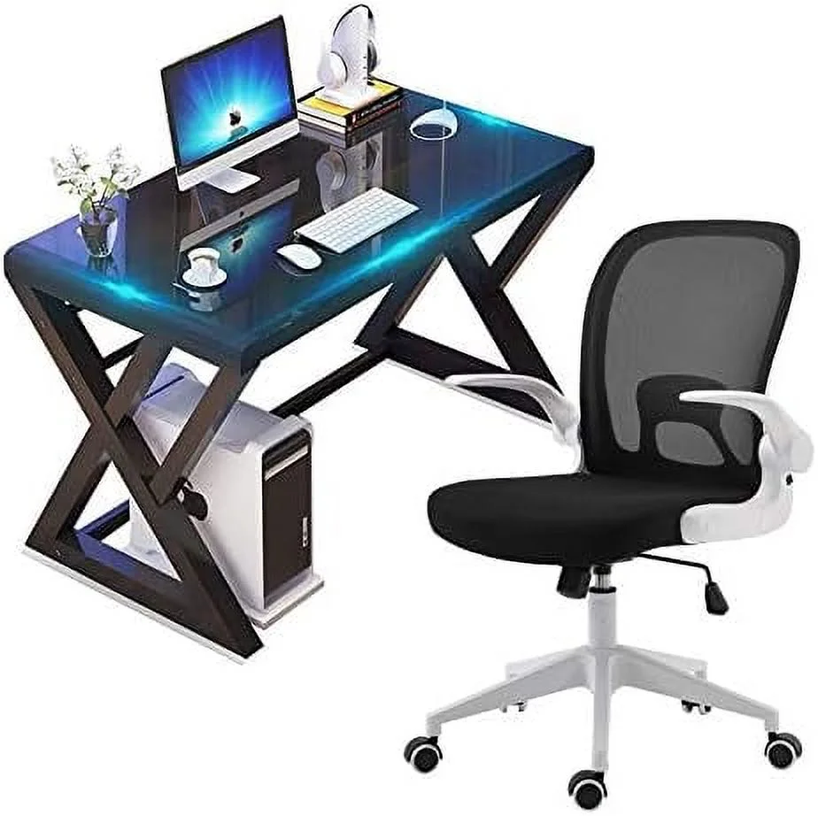 Office Desk and Chair Set  Breathable Mesh Computer Chair and JOMA Glass Top Computer Desk with Metal Frame  Flip-Up Arms Foldable Backrest Rolling Swivel Chair   Study Workstation