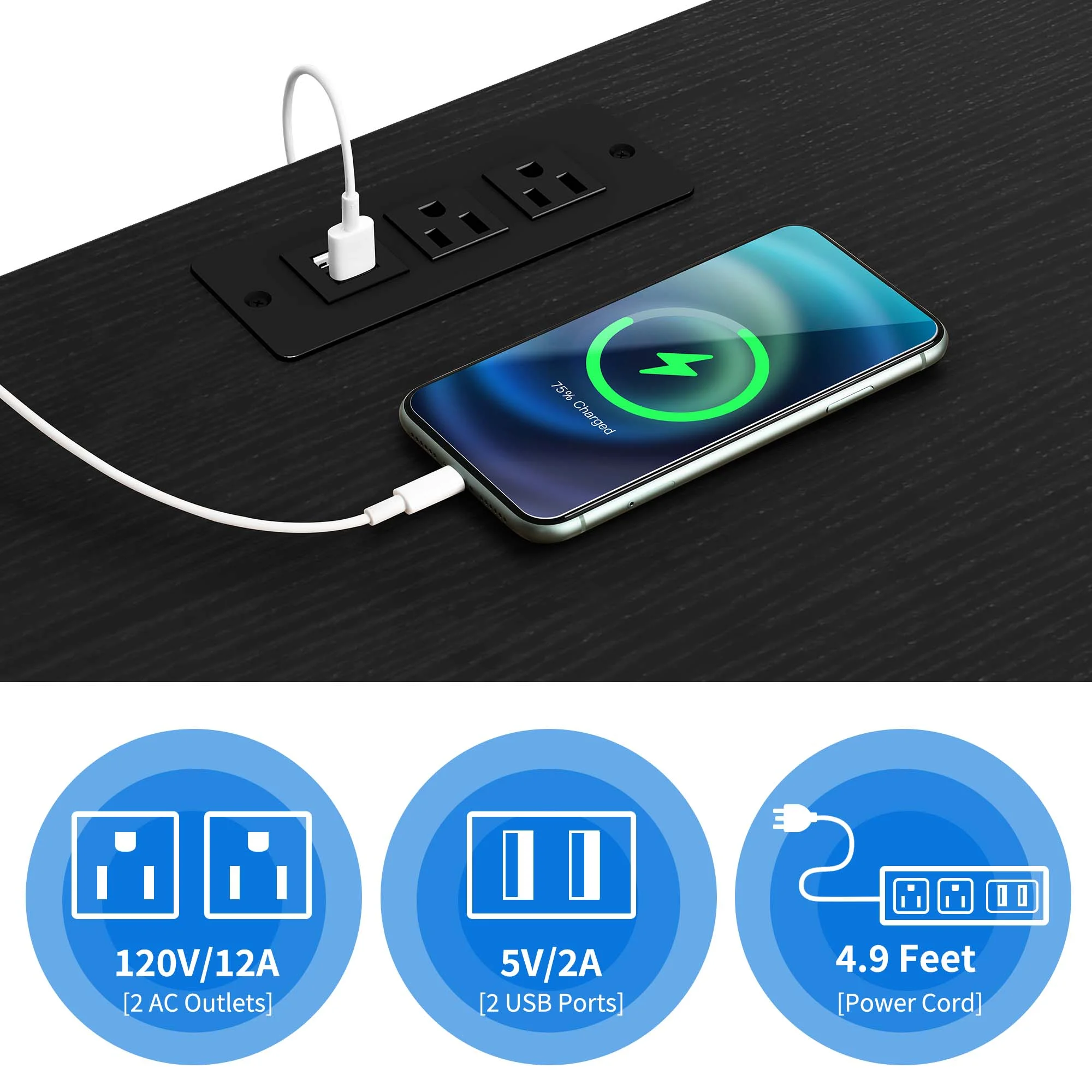 Dextrus Rattan Nightstand with Charging Station, Wood Bedside Table with Drawers, Black