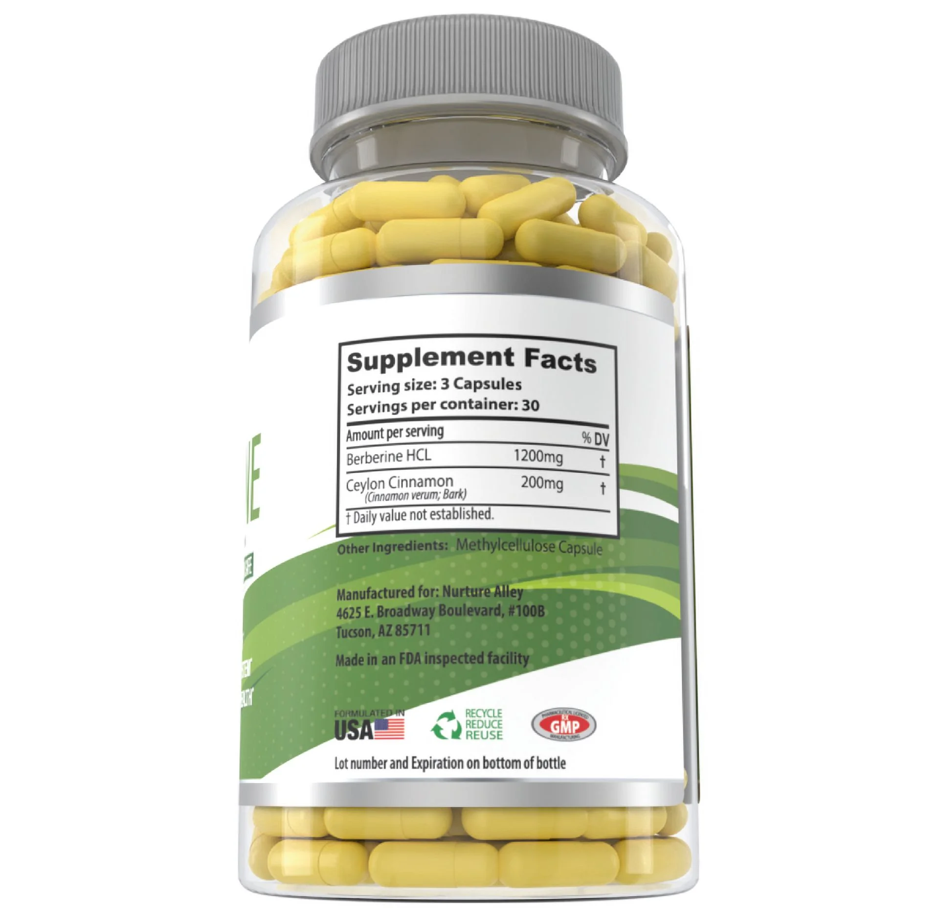 Nurture Alley Berberine HCL 14000mg Plus Organic Ceylon Cinnamon 90 Capsules