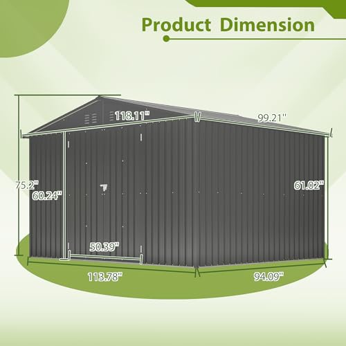 10X8 FT Metal Outdoor Storage Shed, Waterproof Tool Bike Storage House with Floor and Lockable Doors, Garden Shed Container House for Patio, Backyard, Black