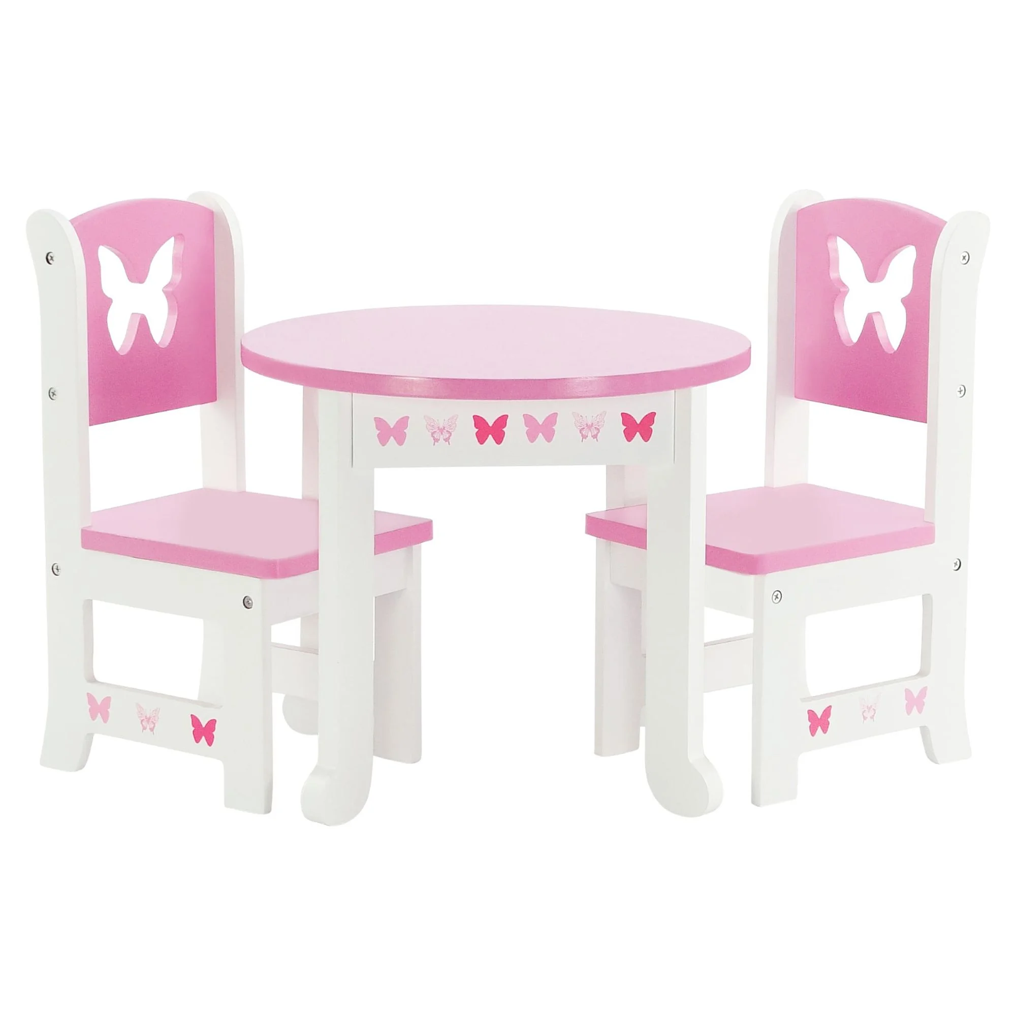 Emily Rose 18 Inch Doll Table and 4 Chairs Kitchen Furniture Set | Lovely Pink and White Table and 4 Chair Value Pack Doll Dining Set with Beautiful Butterfly Motif | Fits American Girl Dolls