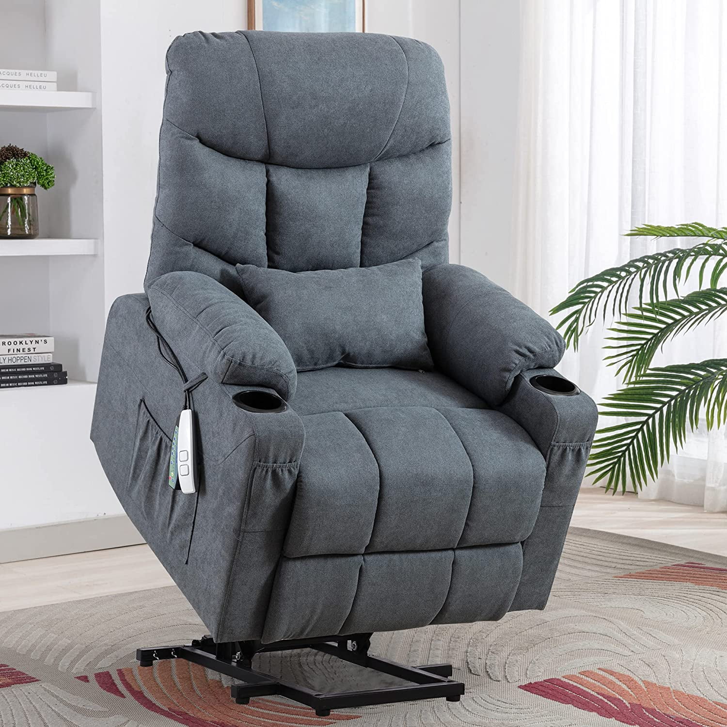 IPKIG Electric Power Lift Recliner Chair Sofa with Heat and Vibration, Lift Recliner Chairs for Elderly with Lumbar Pillow, Hand Remote Control, USB Ports, Cup Holders and 4 Pockets, Fabric (Blue)