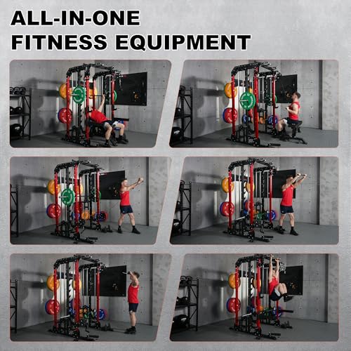 Smith Machine Home Gym with Aluminum Pulley Set - 2000lbs Capacity All-in-One Power Rack with Cable Crossover, Pull-Up Bar & Dip Station, Includes 18 Attachments, P107 Anvil