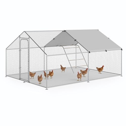 Large Metal Chicken Coop Walk-in Poultry Cage with Waterproof and UV-Resistant Cover, Outdoor Chicken Run Poultry Hen House for Backyard Farm Use,Spire Roof(10’ W x 13.2’ L x 6.4’ H)