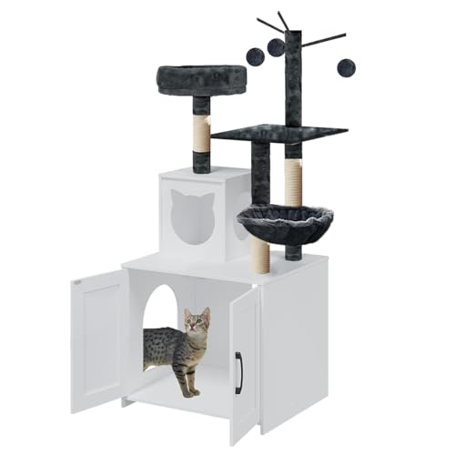 Cat Tree with Litter Box, Wood Litter Box Enclosure with Food Station, Modern Cat Tower for Indoor Large Cats with Large Platform,Cat Condo with Scratching Posts, Hammock, Caves, Basket,Grey