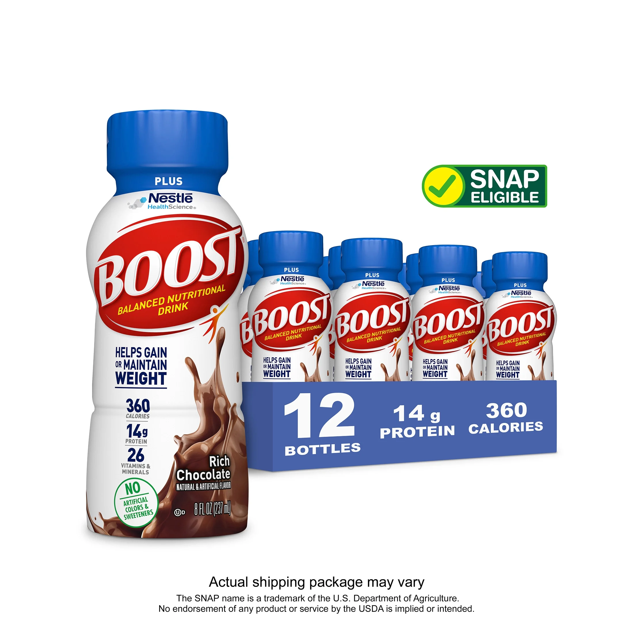 BOOST PLUS Nutritional Drink, Rich Chocolate, 14g Protein, 12-8 fl oz Bottles