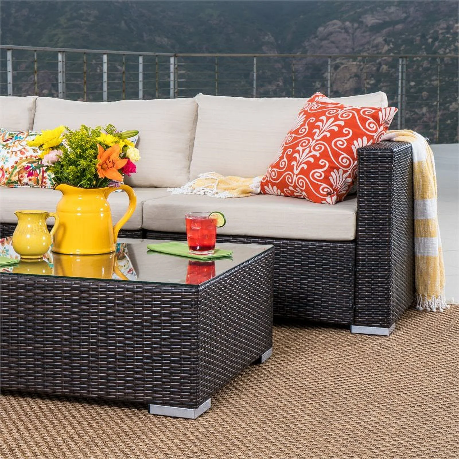 Santa Rosa Multibrown Wicker 5 Seater Sectional Sofa Set with Beige Cushions