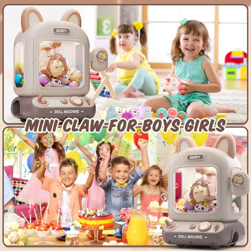 Skirfy Mini Claw Machine for Kids,Vending Machine, Prize Dispenser Toys for Girls and Boys, Electronic Game for Party Birthdays Includes 32 Mini Toys(Brown)