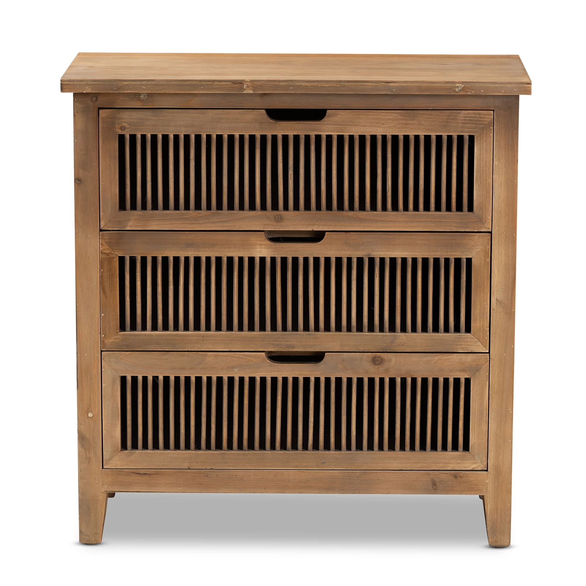 Baxton Studio Clement Rustic Transitional Medium Oak Finished 3-Drawer Wood Spindle Chest