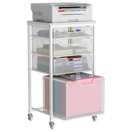 4 Drawer Rolling File Cart with Wheels, Mobile Filing Cabinet for Home Office, Hanging File Organizer, Under Desk Storage, Multifunctional Utility Cart Printer Stand, White (Patent Pending)