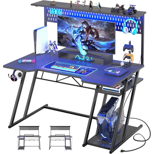Armocity Gaming Computer Desk with Shelves and Outlets, Gaming Desk with Hutch and LED Lights, Reversible PC Gaming Desks with Pegboard, Carbon Fiber Black 47''