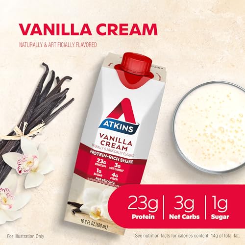 Atkins Vanilla Cream Meal Size Protein Shake, 23g Protein, Low Glycemic, 3g Carb, 1g Sugar, Keto Friendly