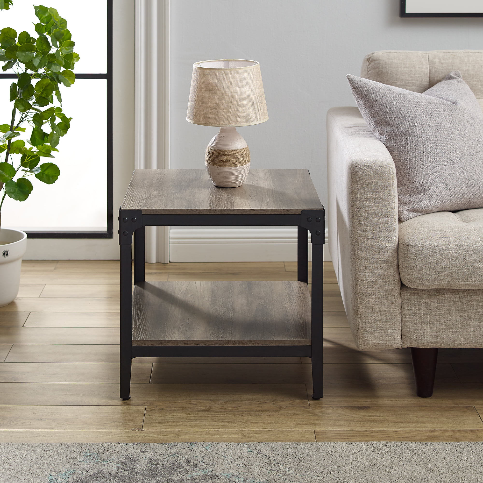 Walker Edison Wilson Riveted End Tables, Grey Wash, Set of 2