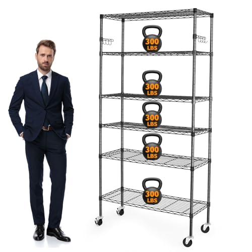 6 Tier Storage Shelves with Wheels, 2100lbs Capacity Heavy Duty Shelving Units, 14x36x75inch Adjustable Metal Shelf Wire Shelving Rack for Garage, Kitchen, Office, Black