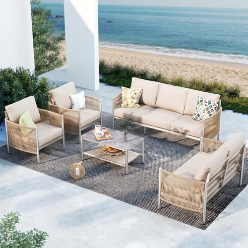 Aluminum Outdoor Patio Furniture Set, HDPE Rope 5 Piece Modern Sectional Conversation Sets with Dual-Layer Coffee Table, All Weather Patio Couch Sofa with Thick Cushions, Gray Frame, Gray