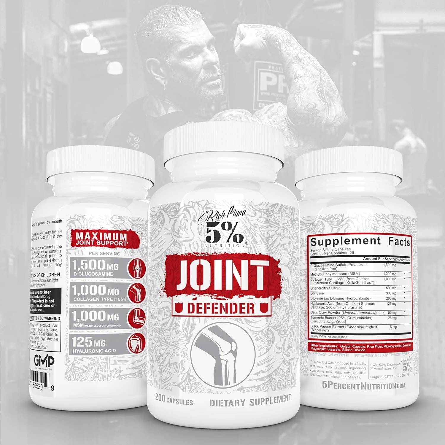 5% Nutrition Rich Piana Joint Defender Maximum Joint Support Supplement | Collagen, Glucosamine, Chondroitin, Turmeric Curcumin with Black Pepper, MSM, Hyaluronic Acid | 200 Capsules, 25 Servings