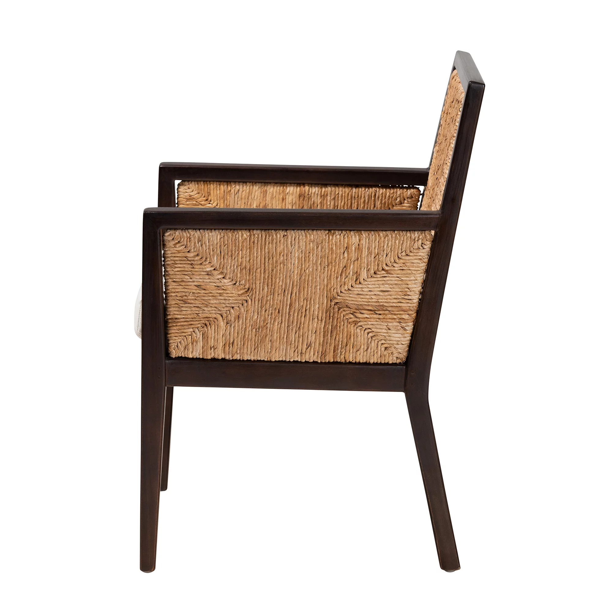 bali & pari Joana Modern Bohemian Dark Brown Mahogany Wood and Natural Abaca Dining Arm Chair