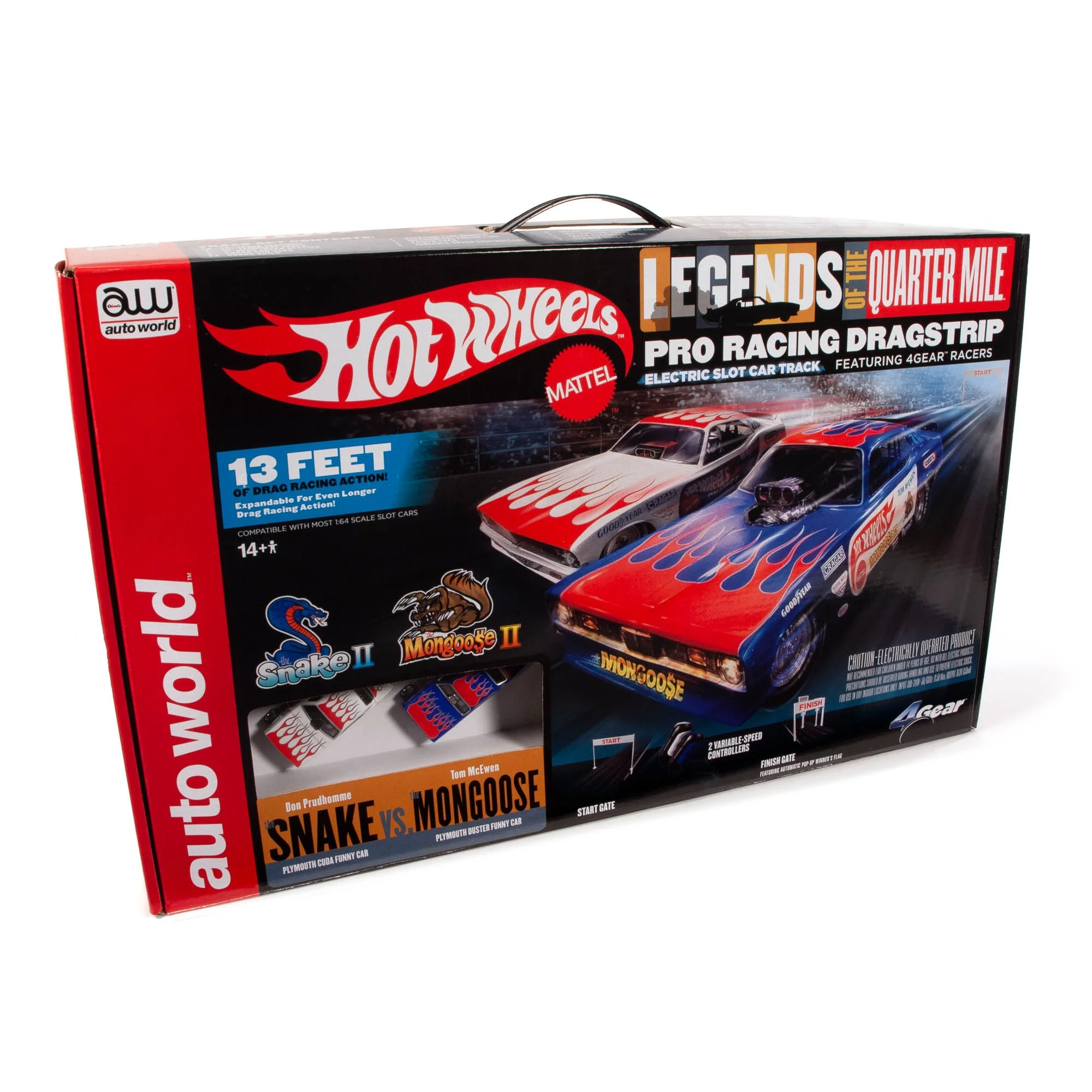 Auto World: Hot Wheels Slot Car Drag Racing Set - Snake II Vs Mongoose II - 13' Dragstrip Set, 2 Variable Speed Funny Cars, Electric Slot Car Track