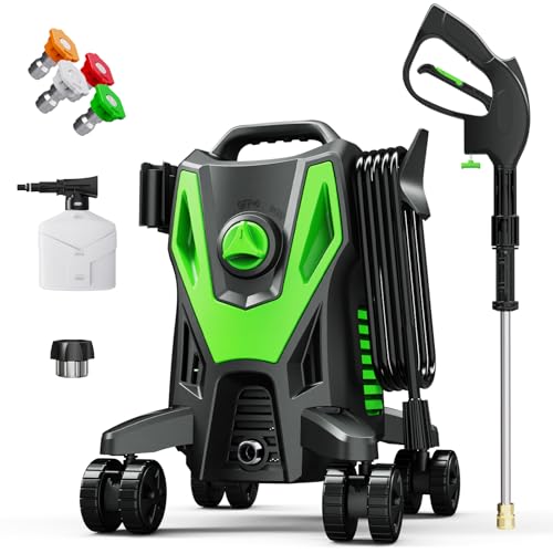 Electric Pressure Washer with Anti-Tipping, 35FT Power Cord, Cleaning Machine with Foam Cannon for Cars Fences Driveways Patios Home Cleaning Green