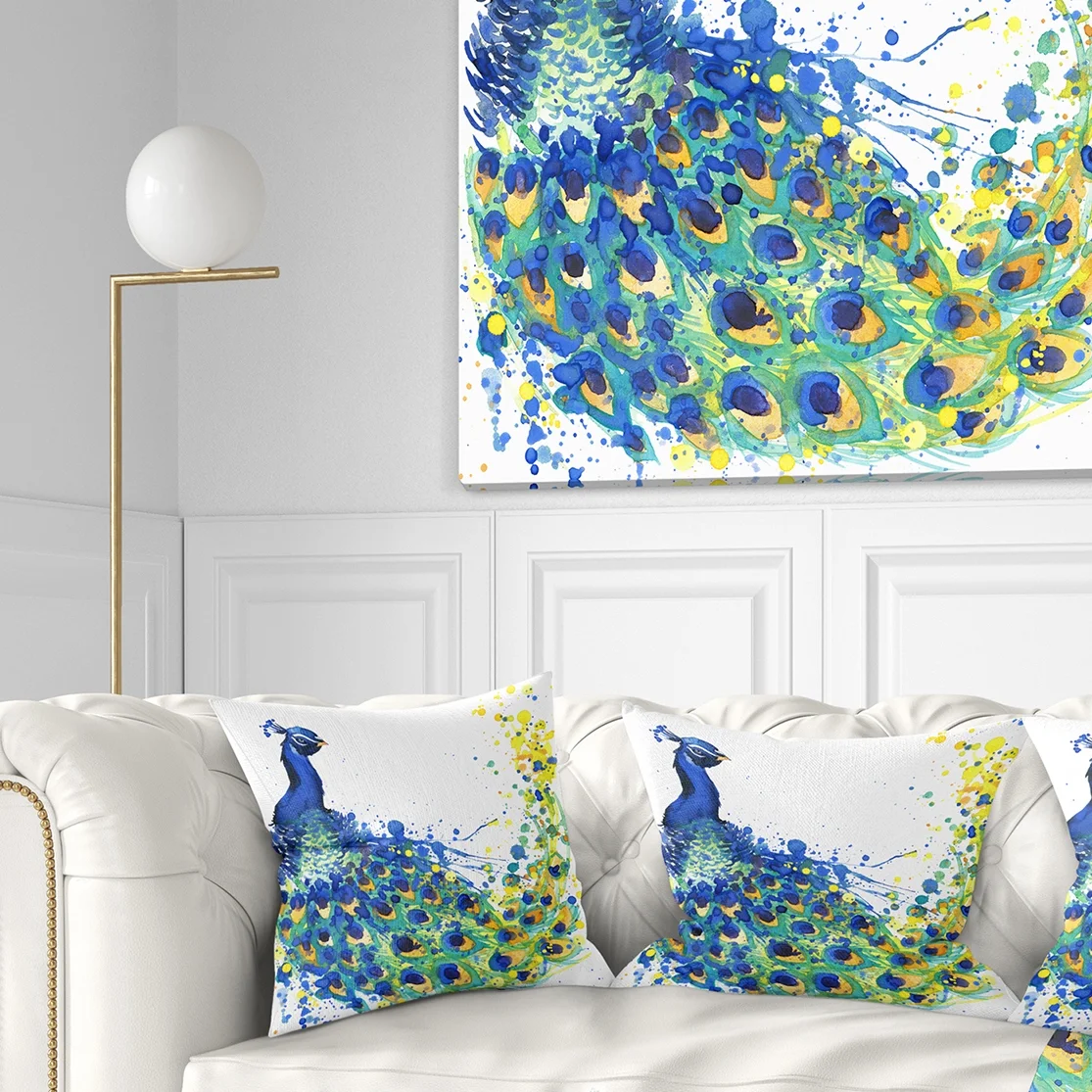 Designart Exotic Peacock Watercolor - Contemporary Animal Throw Pillow - 18x18
