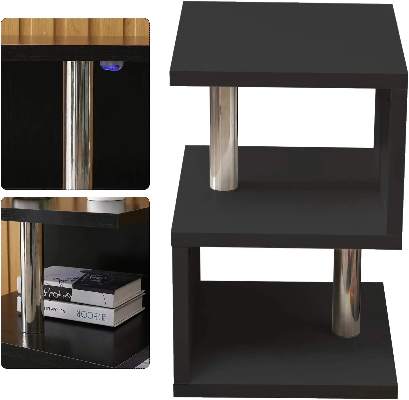 Modern 3Tier S-shaped Sofa Side End Table Furniture LED High Gloss Coffee Table Black