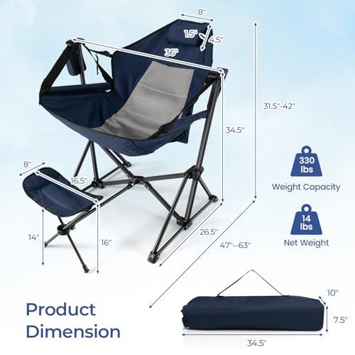 GYMAX Hammock Camping Chair, Folding Camp Chair with Detachable Footrest, Adjustable Backrest, Pillow, Cup Holder & Carrying Bag, Portable Rocking Camping Chairs for Beach Lawn Fishing (1, Navy)