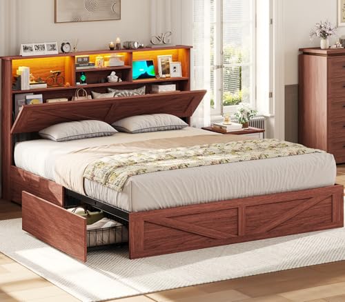 VIAGDO Farmhouse Bed Frame Full Size with Bookcase Storage Headboard, Charging Station and LED Lights, Wooden Full Bed Frame with 4 Drawers, Barn Door Design, No Box Spring Needed, No Noise, White