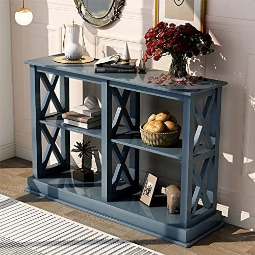KHBIULIFE Classic Wood Console Table w/ Shelves Elegant Narrow Occasional Sofa Table 3-Tier Entryway Table TV Console Display Table  for Living Room Accent  (Navy Blue)