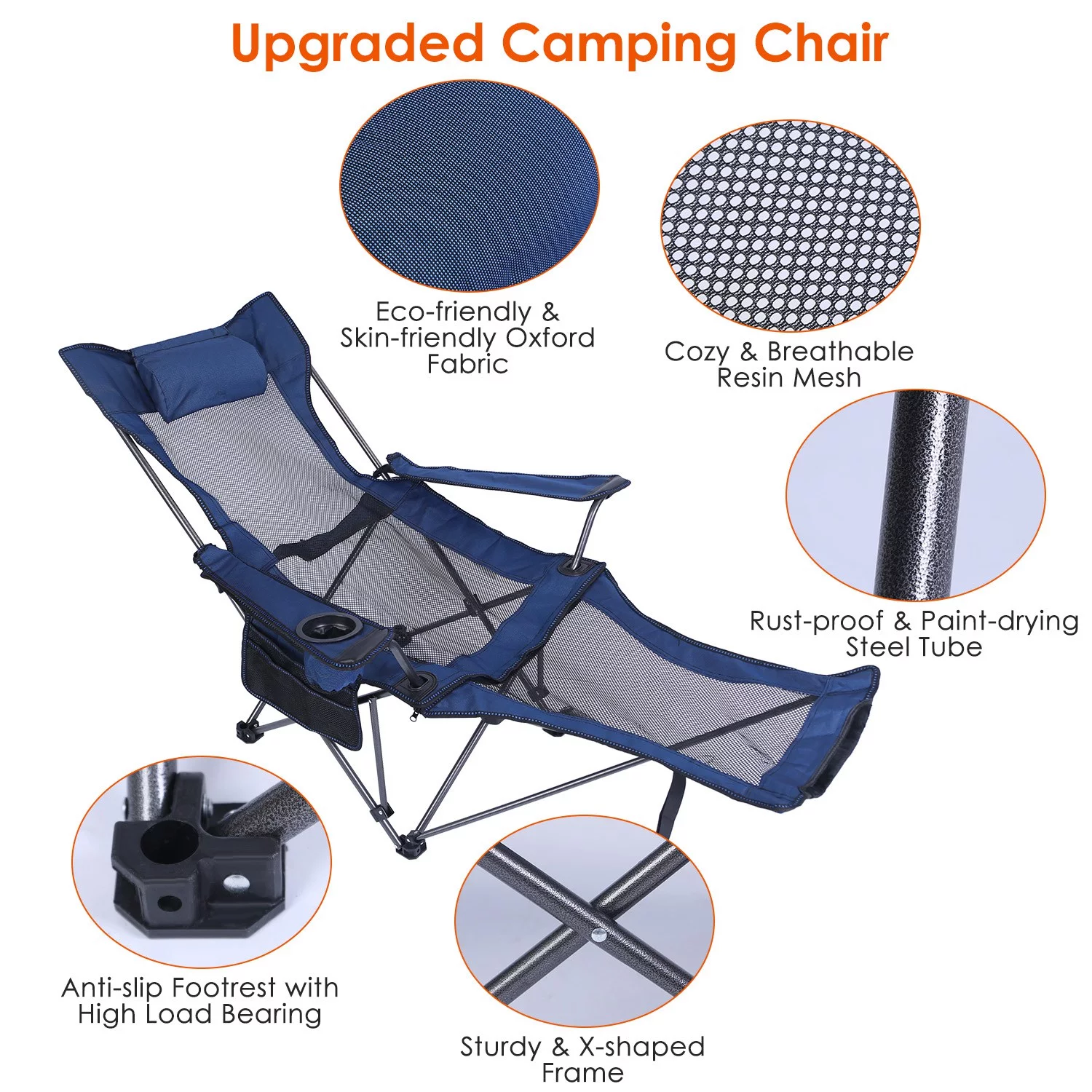 Reclining Camping Chair, iMounTEK Heavy Duty Steel Lawn Chair with Cup Holder Pillow Side Pocket Carry Bag, 330lbs Capacity