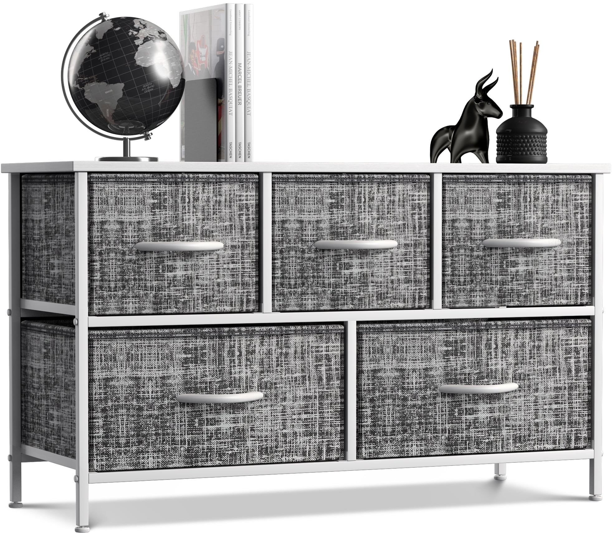 Sorbus Dresser with 5 Drawers - Furniture Storage Chest Tower Unit for Bedroom, Hallway, Closet, Office Organization - Steel Frame, Wood Top, Easy Pull Fabric Bins (Gray/White)