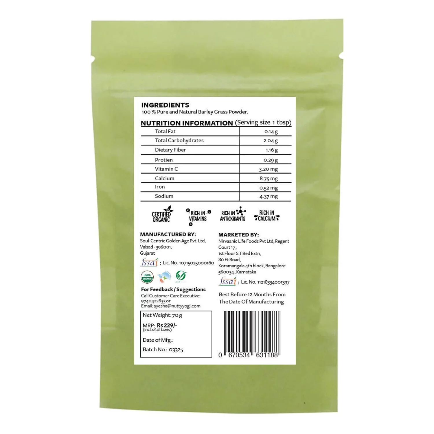 Nutty Yogi Organic Barley Grass Powder Immunity Booster, Vegan 2.46 oz