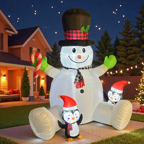 7 FT Inflatable Christma Decorations, Inflatable Snowman with Penguins, Christmas Blow Ups Yard Decorations with Colorful LED Lights, Christmas Inflatables for Garden Lawn Xmas Holiday