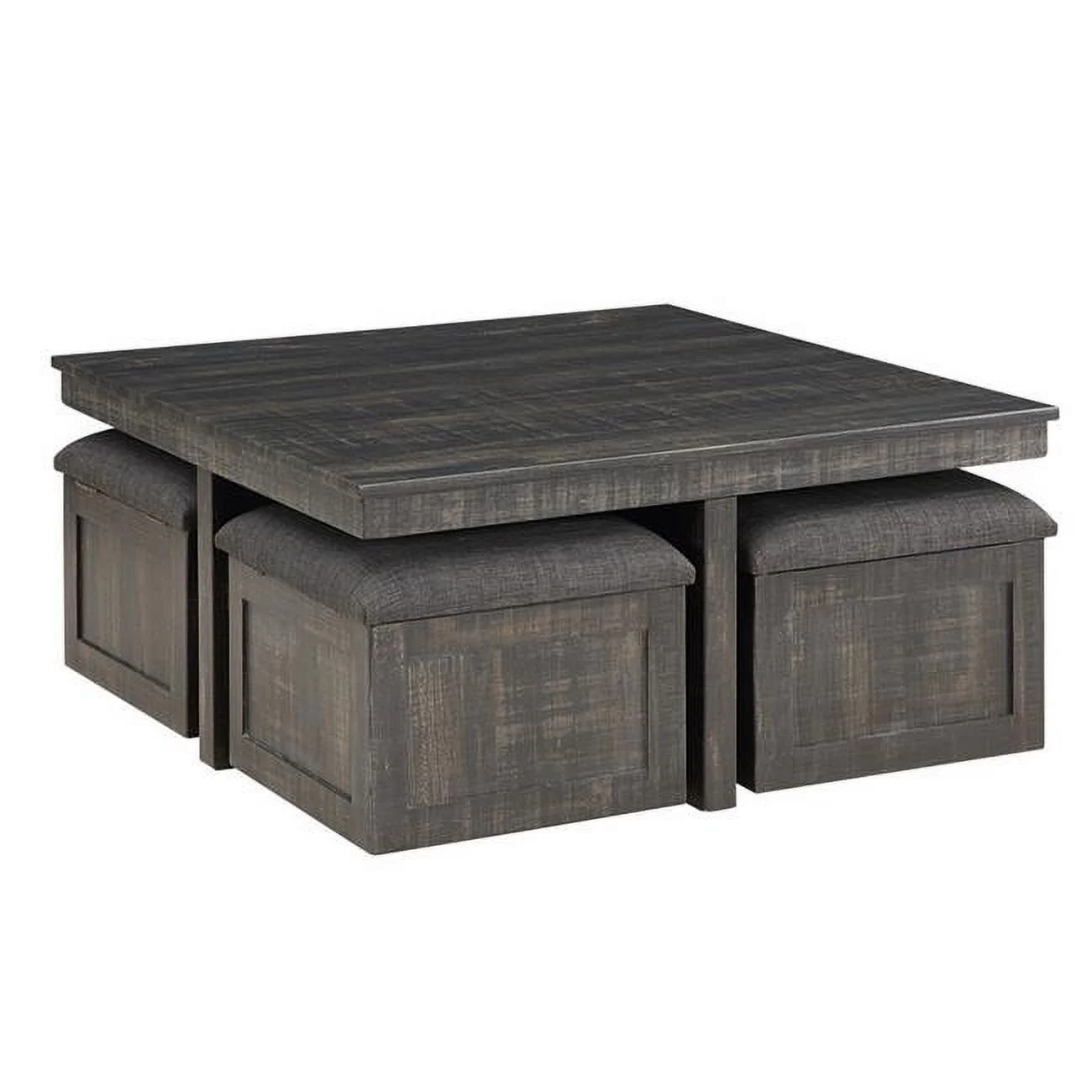 Benjara BM302257 Mizo 1 End Table & 4 Nesting Ottomans Coffee Table Set, Gray Oak - 6 Piece