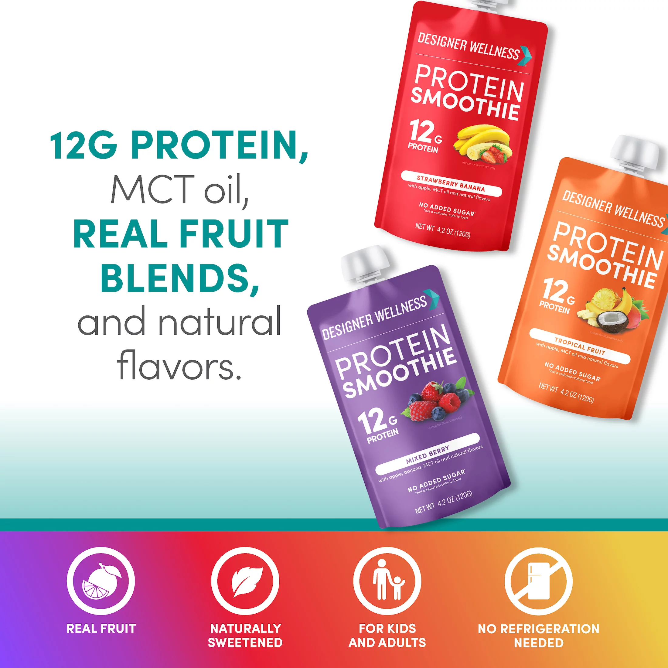 Designer Wellness Protein Smoothie, 12 Count Variety Pack, Real Fruit, 12g Protein, Low Carb, Zero Added Sugar, Gluten-Free
