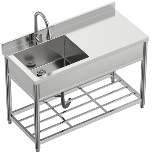 Commercial Sink with Drainboard, Stainless Steel Utility Sink with Pull-out Faucet, Free Standing Single Bowl Kitchen Sink with Workbench for Restaurant, Garage, Outoor, 21.7