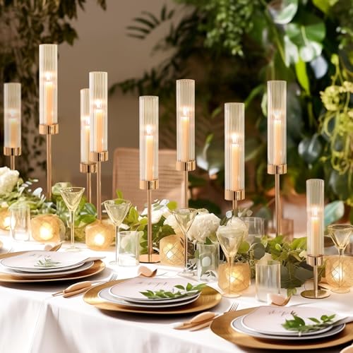 Black Hurricane Candle Holders, Set of 6 Glass Taper Candlestick Holders Metal Candle Stands Bulk with Ribbed Glass Cover for Dining Tables Wedding Candelabra Centerpieces Decor