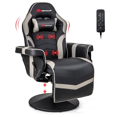 Goplus Massage Gaming Chair, Racing Style Gaming Recliner w/Adjustable Backrest and Footrest, Ergonomic High Back PU Leather Computer Office Chair Swivel Game Chair w/Cup Holder and Side Pouch