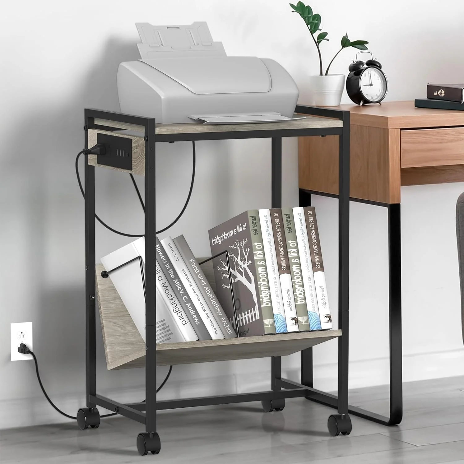 2-Tier End Table Record Player Stand with Charging Station and Vinyl Storage Shelf, Gray
