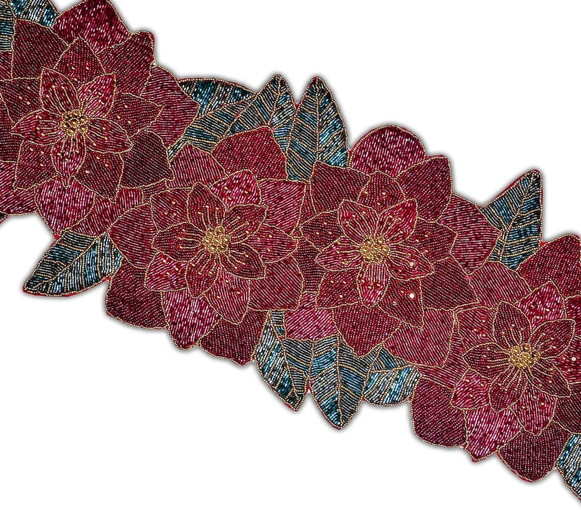 Handmade Beaded Table Runner, Christmas Flower Table Runner, Floral Tableware 13X36 Inch