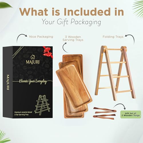 MAJURI 3 Tier Wooden Serving Tray, Halloween Serving Tray, Set of 2 Tongs Free, Tiered Serving Trays for Party, Picnic, Your Perfect Elevated Charcuterie Stand and for 3 Tiered Dessert Stand Lovers