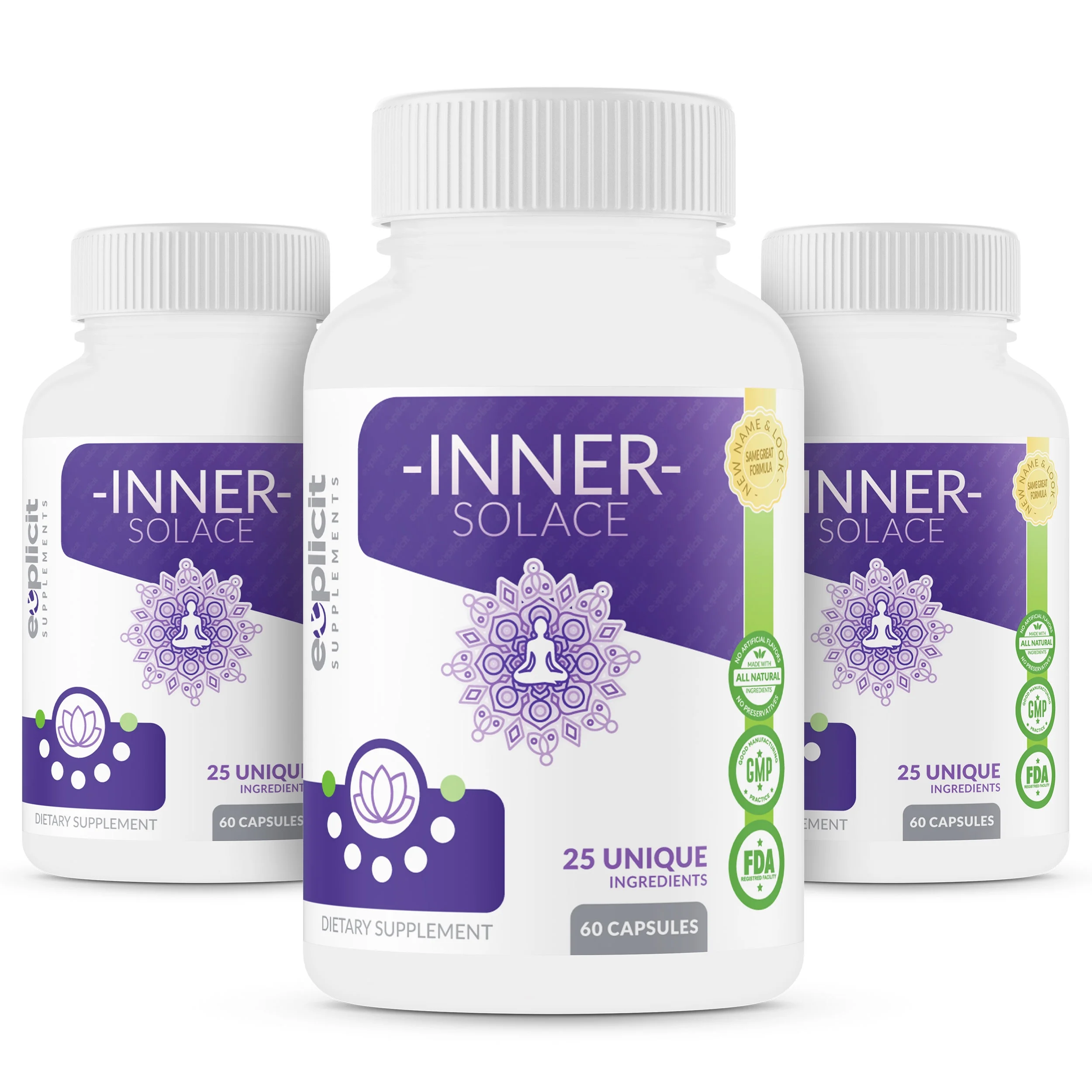 Inner Solace - Anxiety Relief Supplement – 3 Pack - Comprehensive Formula for Anxiety Relief & Stress Management in Men & Women – 60 Capsules - Made in USA – Money Back Guarantee.